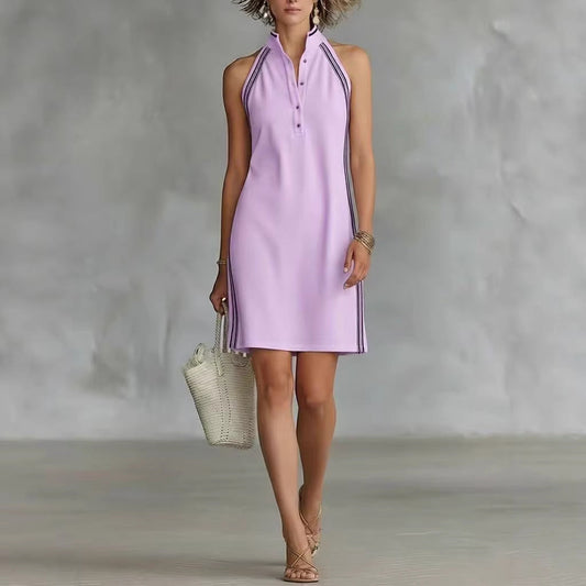 Solid-color Sleeveless Button-up Collar Dress 
