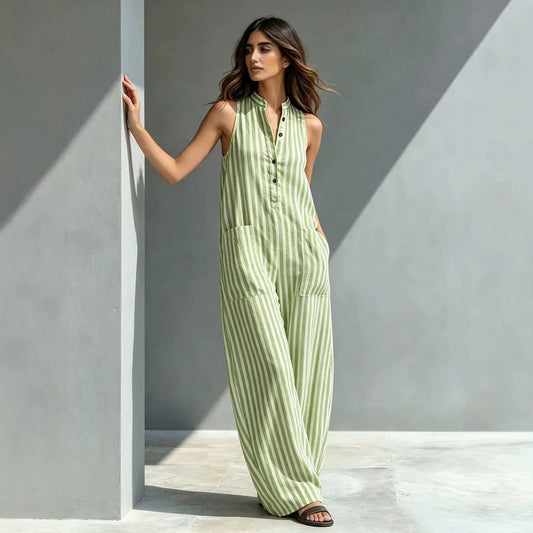 Fashionable Loose V-Neck Long Striped Jumpsuit 