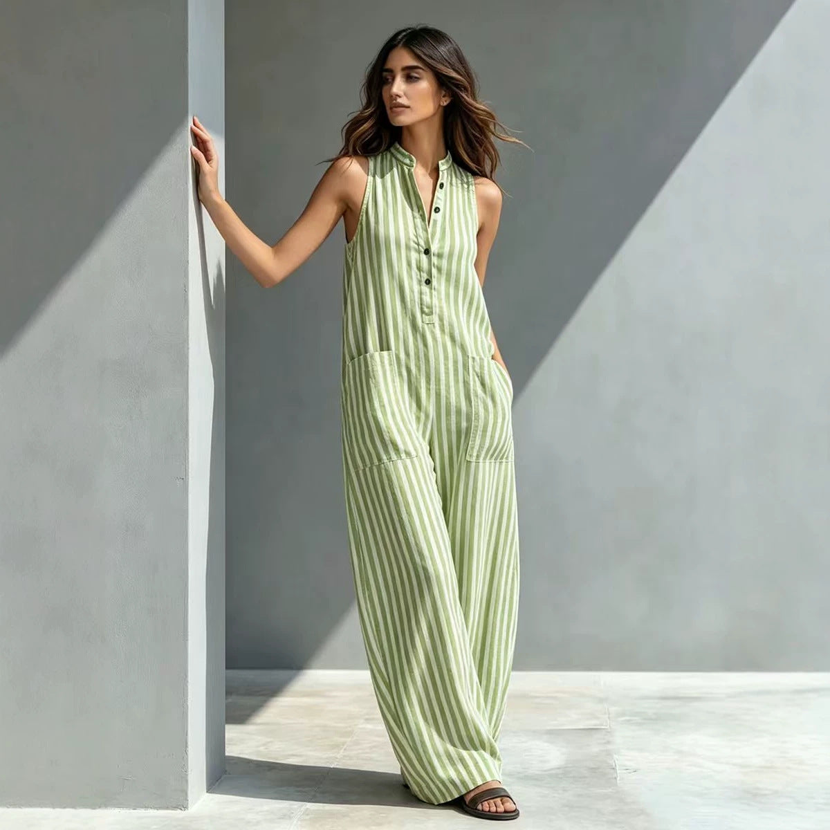 Fashionable Loose V-Neck Long Striped Jumpsuit 