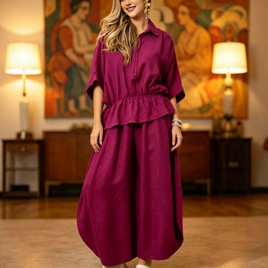 Plus-size Womens Loose Casual Belted Shirt And Wide-leg Pants Set 