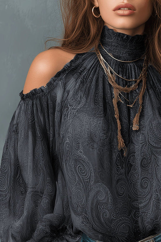 Retro Cashew-print High-neck Off-shoulder Chiffon Blouse 