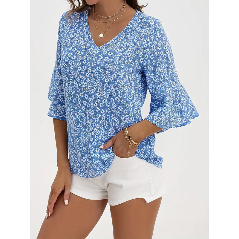 Womens Summer Floral Print Blouses V-Neck Flare Sleeve Tops Dressy Casual T-Shirts CJ US