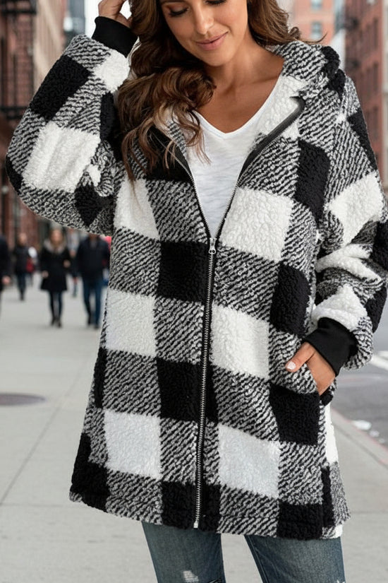 Women's Plaid Hooded Jacket, Long Sleeve Zip Up Oversized Coat With Pockets For Winter Casual And Commute CJ US