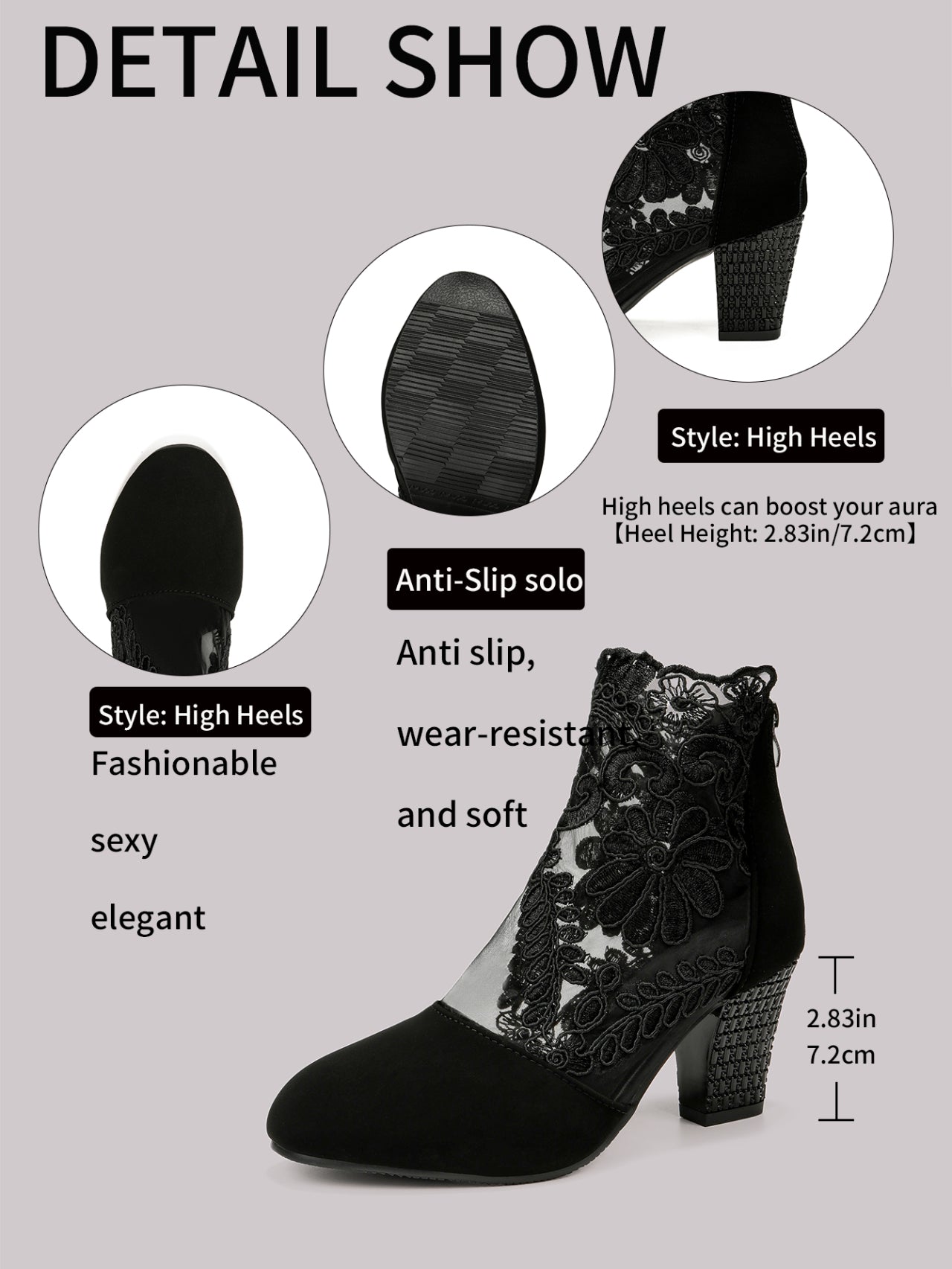 CBlack Lace Embroidered Mesh Ankle Boots, Chunky Rhinestone High-heeled Ankle Boots, Suede Patchwork Sexy Hollow-out Women's Boots, Versatile For Dating And Commuting, Exuding Elegant Femininity, Uniq 