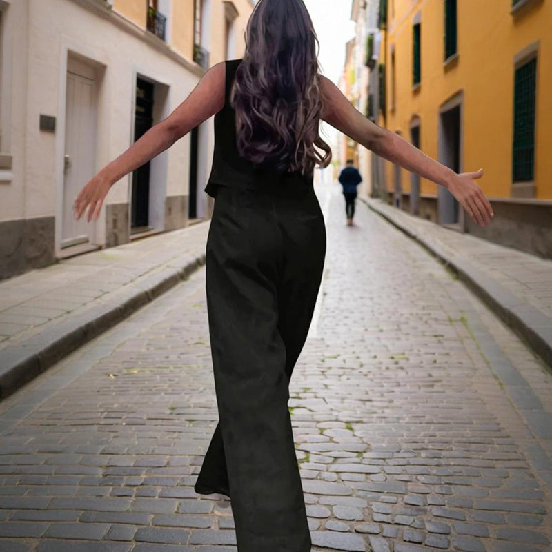 Women’s V‑Neck Button‑Front Vest & High‑Waist Pants Set CJ US