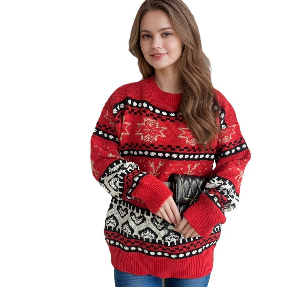 Christmas Casual Red Deer Jacquard Women's Long-sleeved Round Neck Sweater CJ