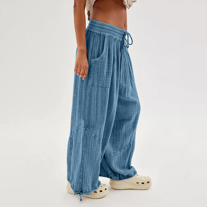 Women's Solid-color Wide-leg Pants With Elastic Drawstring Waist Elasticized Leg Cuffs Side Pockets For Spring&Fall Fashionable Simple Wear CJ US