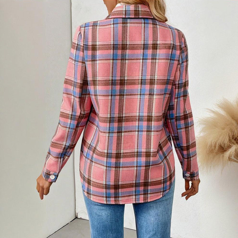 Women's Checkered Fleece Lined Shacket, Plaid Button Down Shirt Jacket With Chest Pockets, Fall Winter Outerwear Coat 