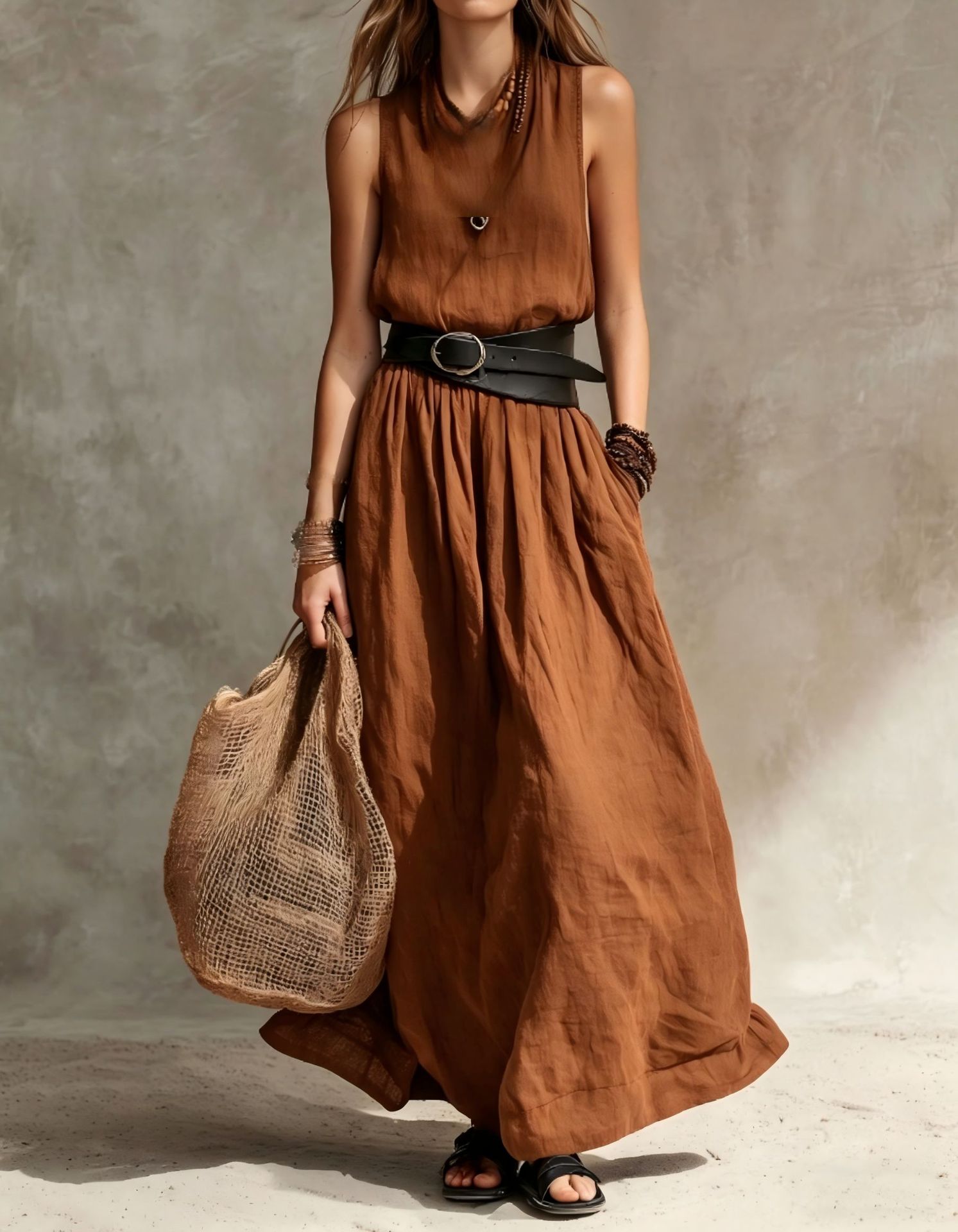 Turn-down Collar Long Sleeveless Dress 