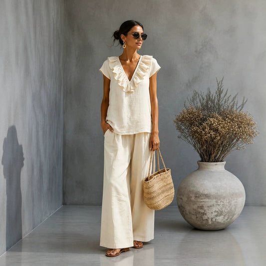 Women's V-neck Ruffled Hem Wide-leg Pants Set 