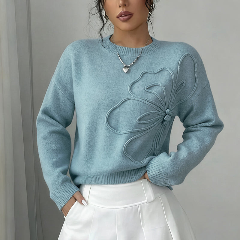 Women's Elegant Floral Sweater - 2025 Fall Winter Crew Neck Long Sleeve Casual Pullover 