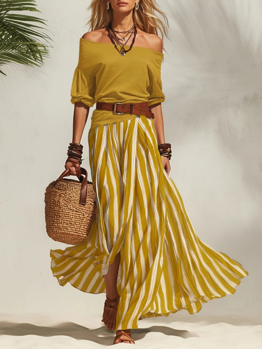 Off-shoulder Top And Slit Skirt Womens Set 