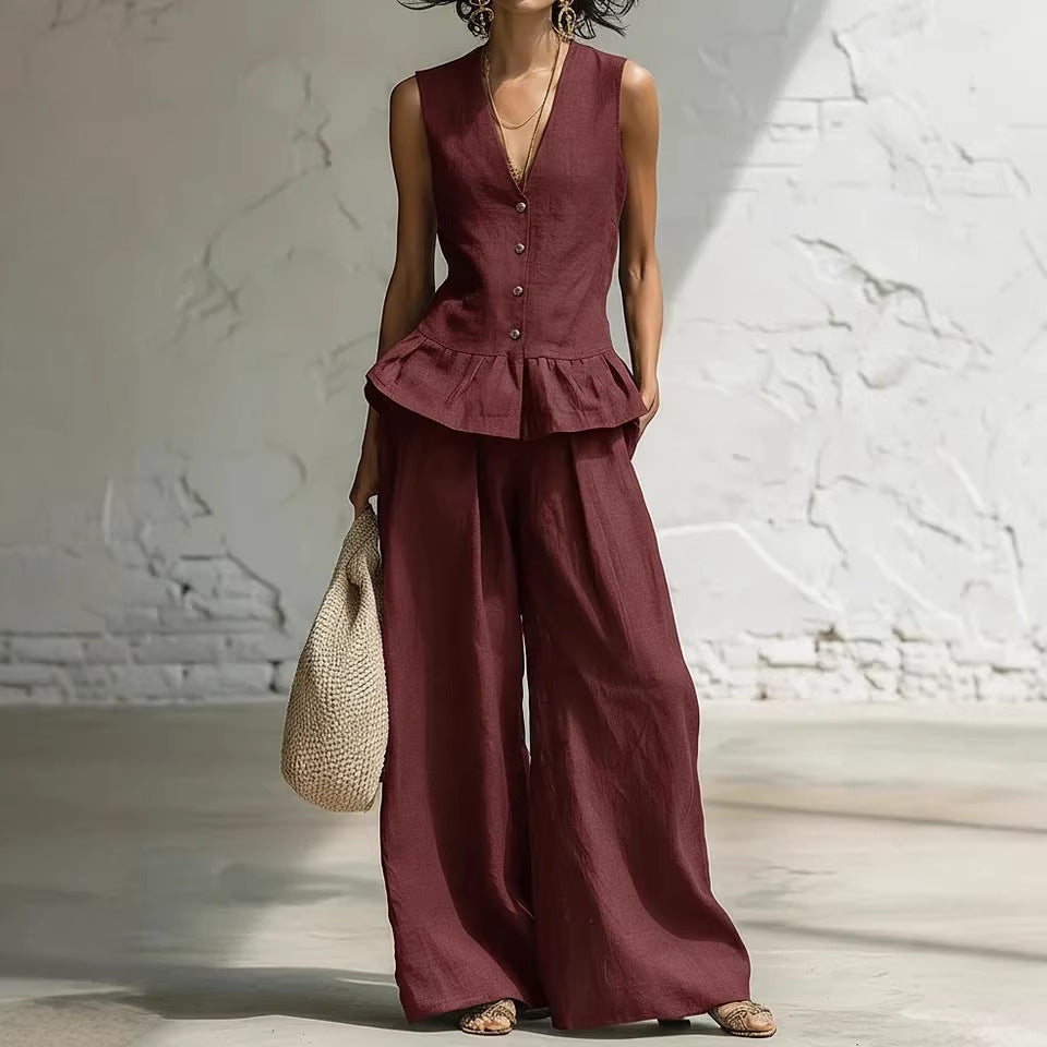 Retro Bohemian Style Ruffled Cotton-Linen Two-Piece Set 