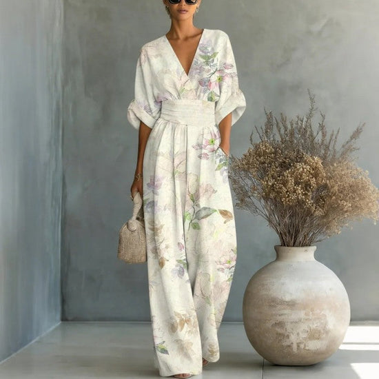 Waist-cinched V-neck Printed Womens Jumpsuit 