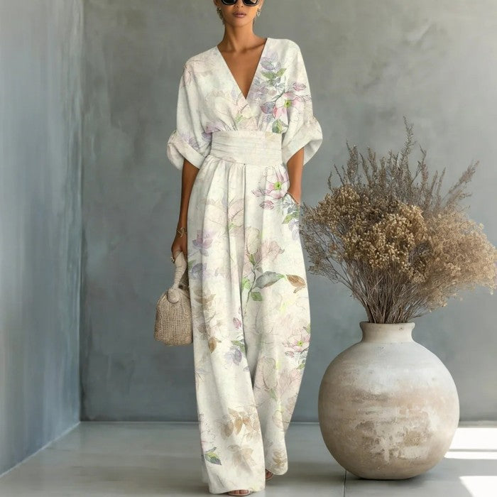 Waist-cinched V-neck Printed Womens Jumpsuit 