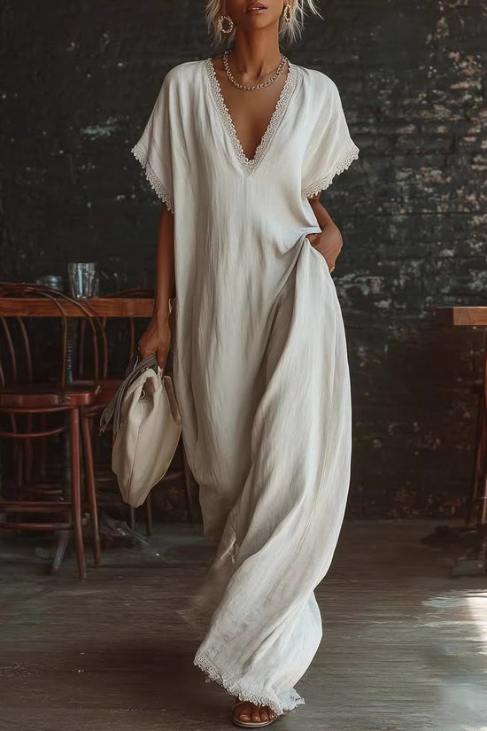 European And American Style Casual Elegant Comfortable Lace-trimmed Loose Linen Cotton Long Dress 