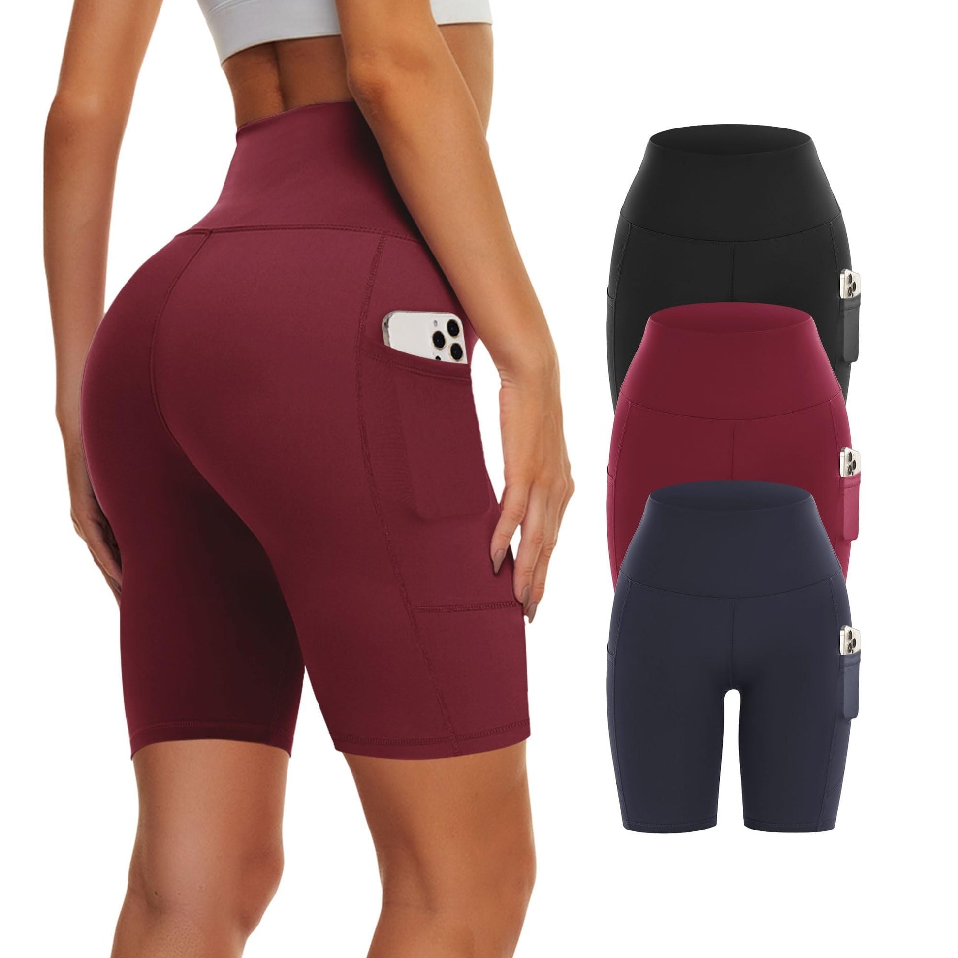 Yoga Pants - Five Points High Waist 3 Pieces Of Polyester Double Grinding Black, Polyester Double Grinding Zhang Green, Polyester Double Grinding Burgundy CJ US