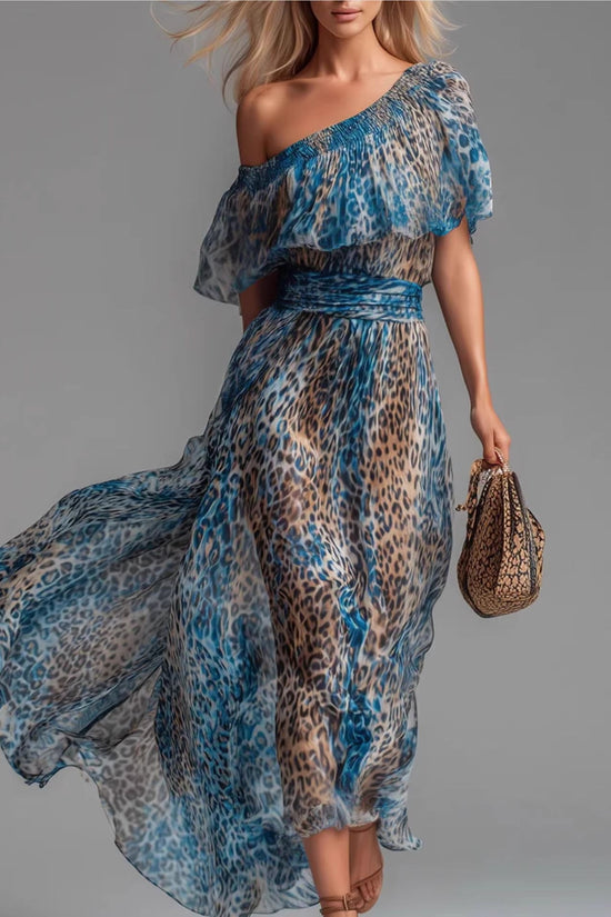Blue-toned Leopard-print Chiffon Off-shoulder Dress For Women 