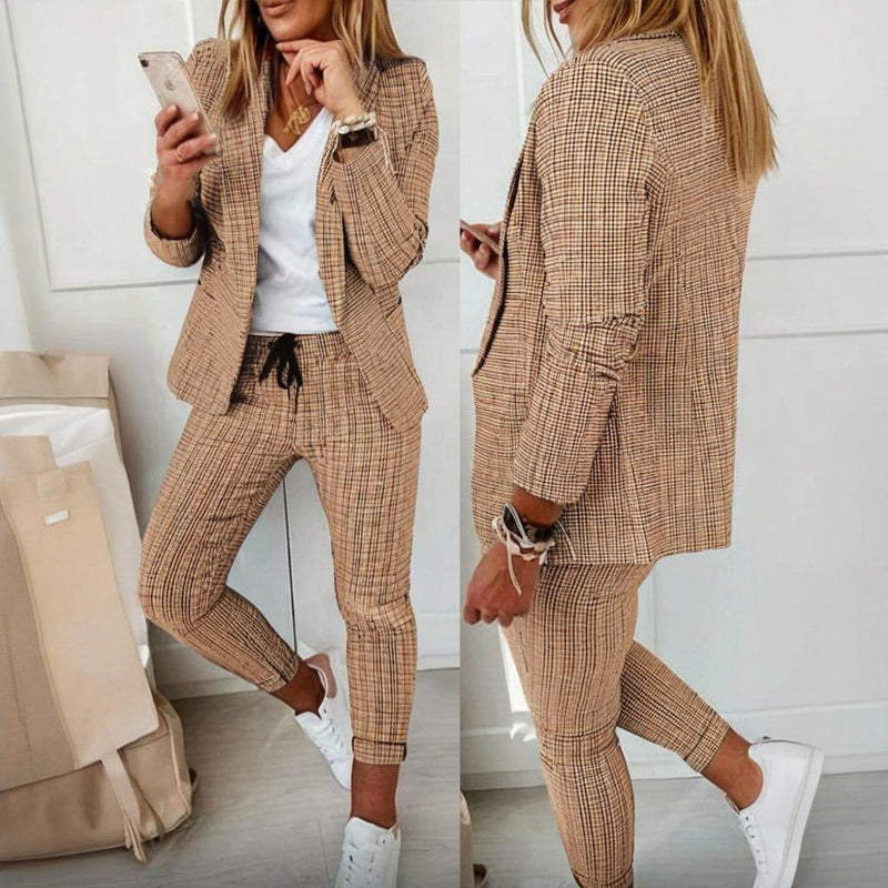 Women's Solid Color Plaid Long Sleeve Suit Two-piece Set With Pockets & Drawstring Waist Office Wear For Spring&Fall CJ US