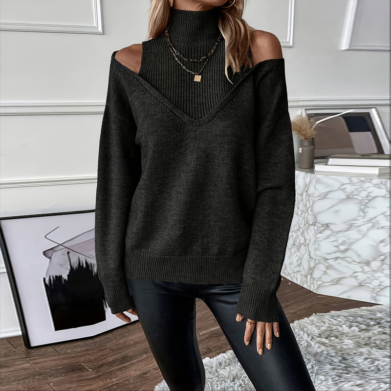 Women’s Elegant Off-Shoulder Turtleneck Sweater — Long Sleeve Knit Top CJ US