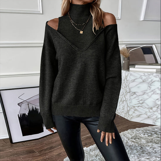Women’s Elegant Off-Shoulder Turtleneck Sweater — Long Sleeve Knit Top CJ US