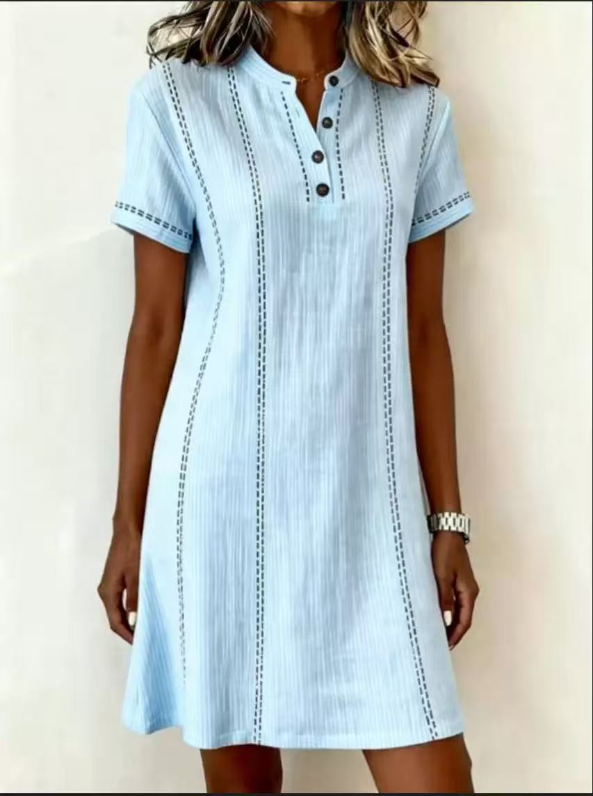 Loose-fitting Casual Printed Button-up Stand-collar Dress 
