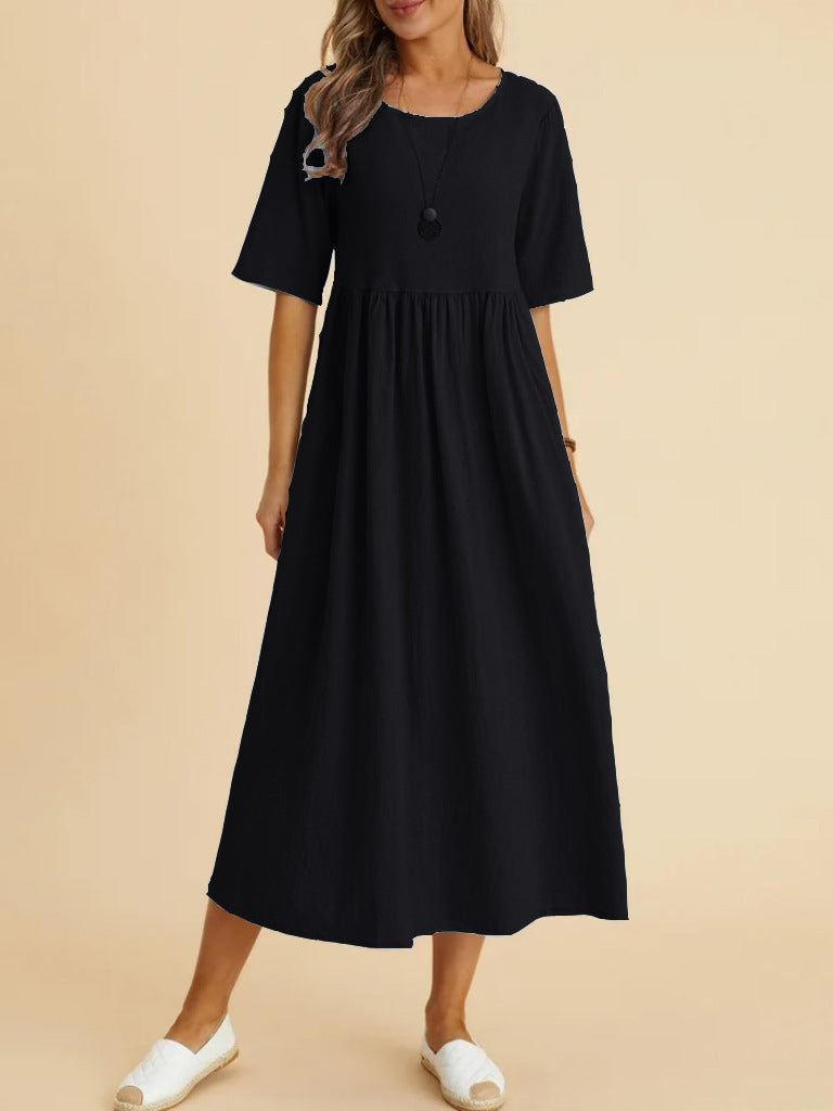 Plus Size Loose Cotton Linen Dress, Round Neck  Sleeve Midi Dress With Pockets 
