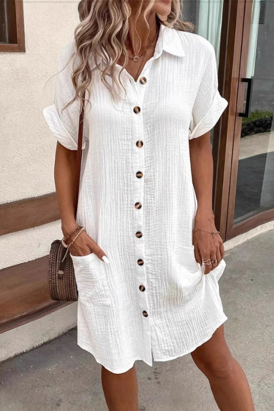 Casual Solid-Color Single-Breasted Mid-Length Short-Sleeve Dress 