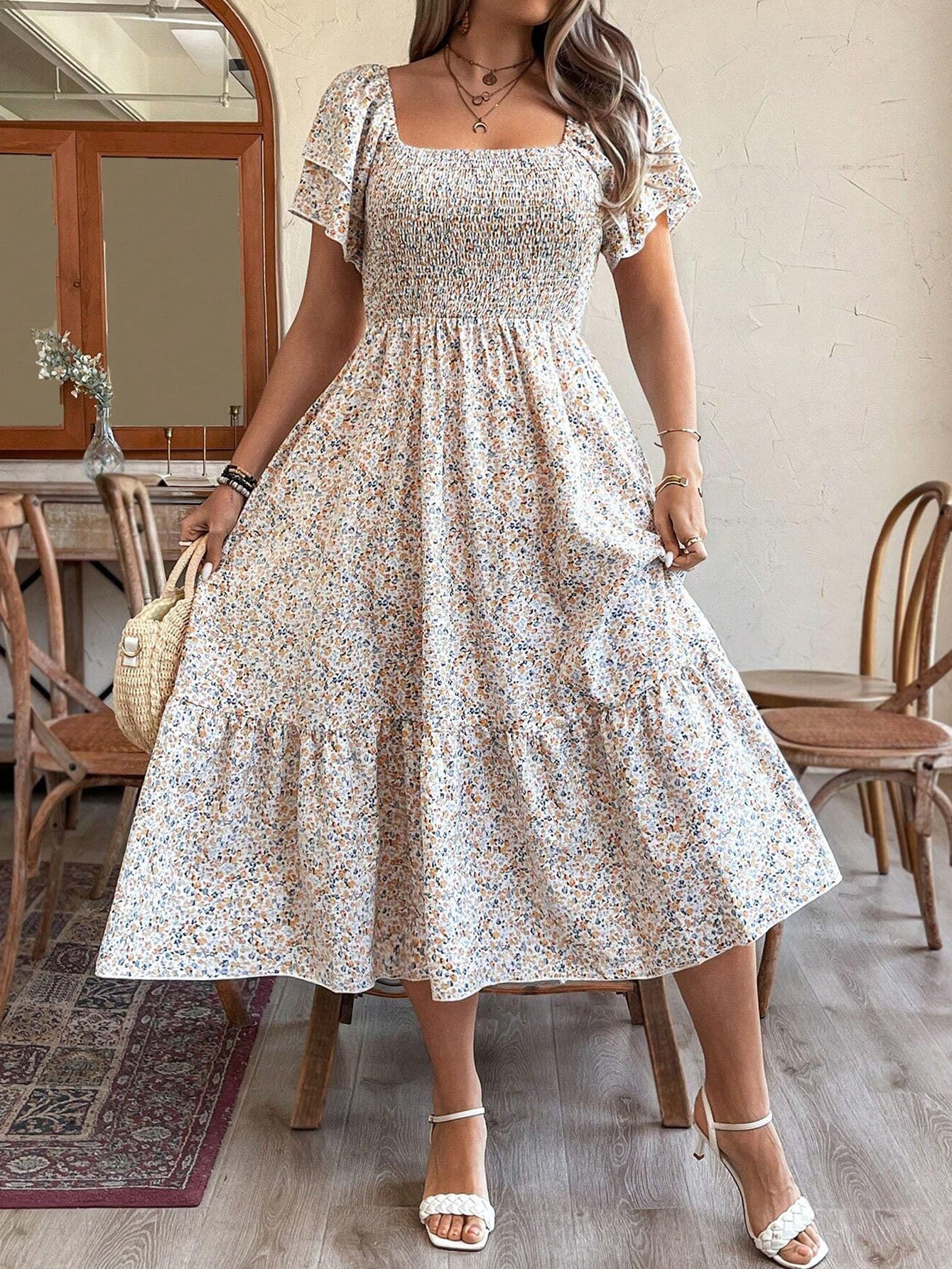 Women's Plus Size Backless Midi Dress For Summer Party - Elegant Pleated Printed Dress CJ US