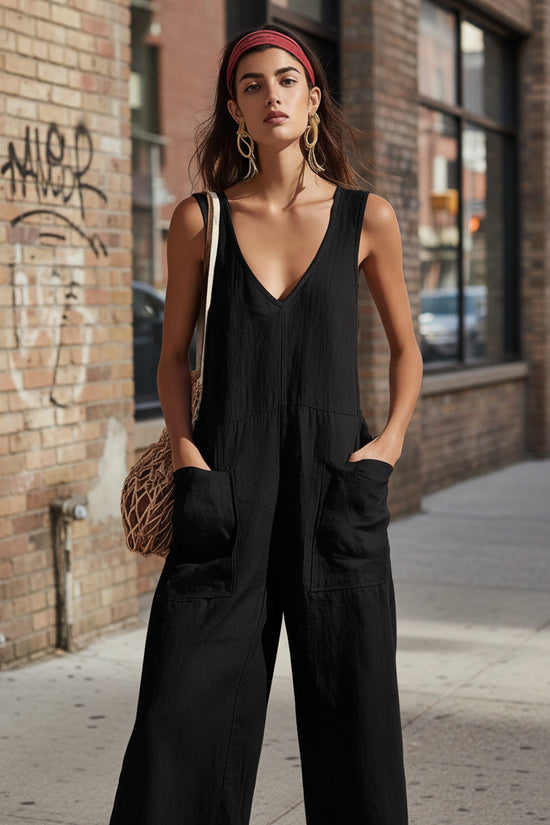 Womens Sleeveless V-Neck Pocketed Casual Jumpsuit 