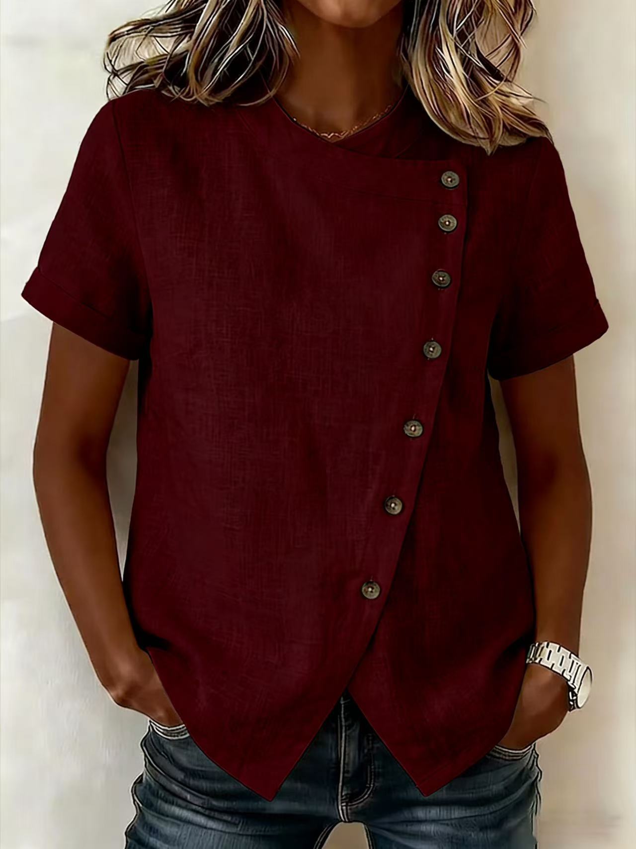 New Solid-Color Cross-Neckline Short-Sleeve Loose Cotton-Linen Asymmetrical Top 