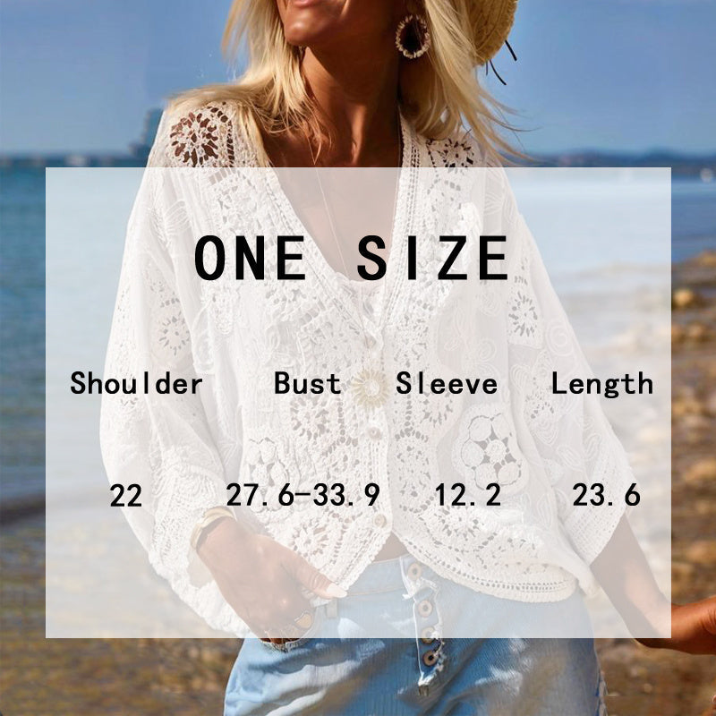 Women's V-Neck Button-Up Lace Cardigan Semi-Sheer Geometric Pattern Mid-Long Sleeve Lightweight Beach Spring&Summer Fashion CJ US