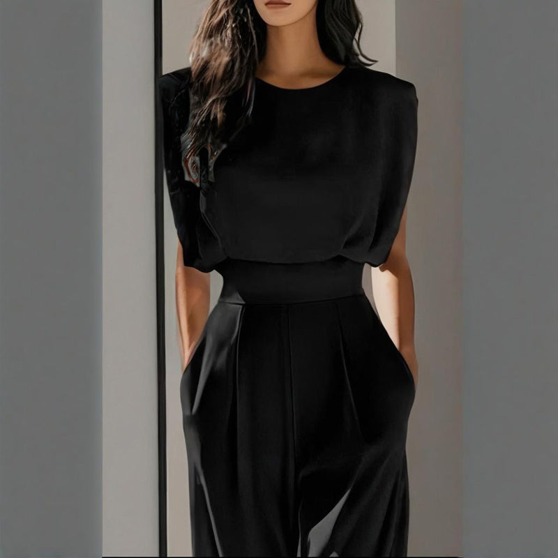 Women's Solid Color Round Neck Short Sleeve Wide-Leg Jumpsuit With Waist Design & Pockets Casual Romper For Spring&Summer CJ US