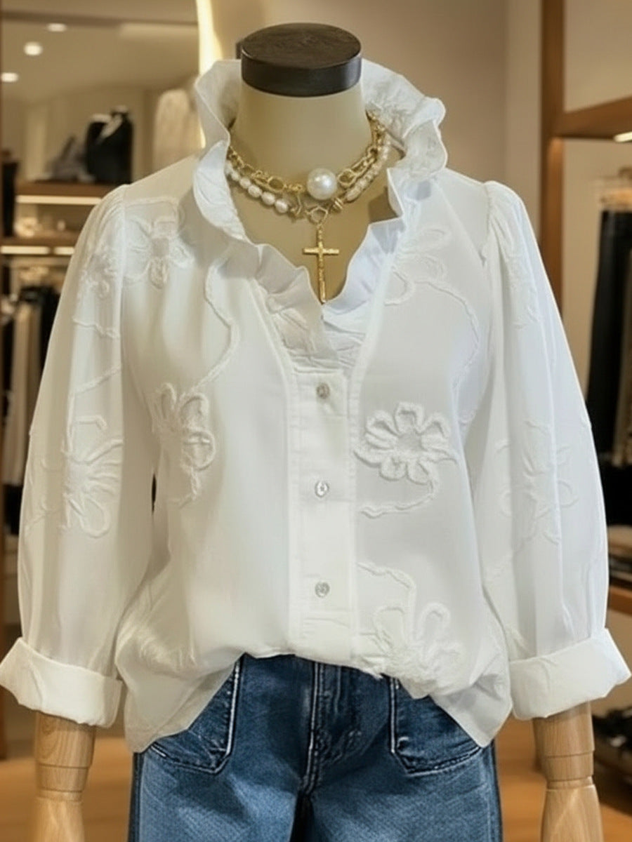 Lace-embroidered Cotton-linen Sweet Blouse 