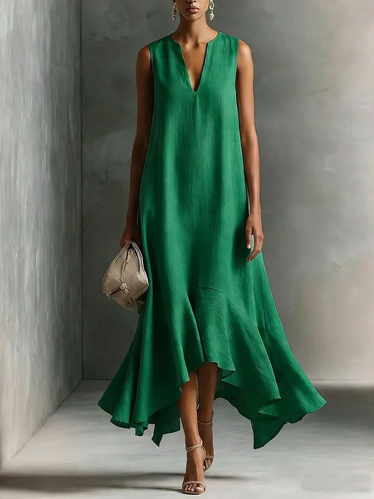 New Stylish Deep V-Neck Sleeveless Elegant Asymmetrical Hemline Dress 