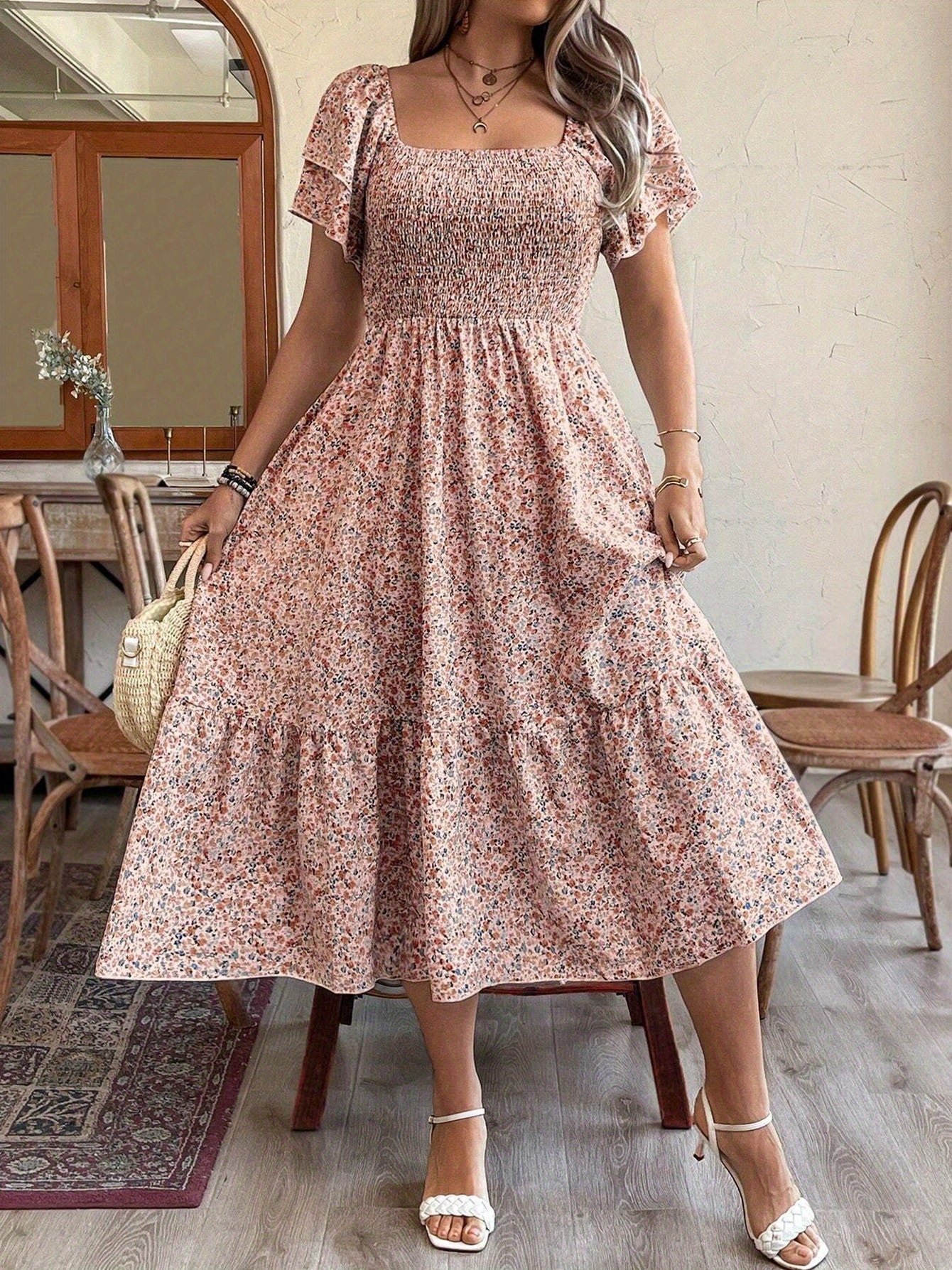 Women's Plus Size Backless Midi Dress For Summer Party - Elegant Pleated Printed Dress CJ US