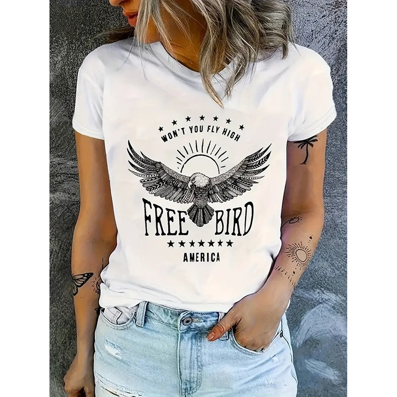 Woman Free Bird Shirt Eagle Graphic Tees Casual Summer Crew Neck Short Sleeve Tops CJ US