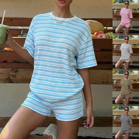 Womens Crew-Neck Spliced Short-Sleeve Shorts Set 