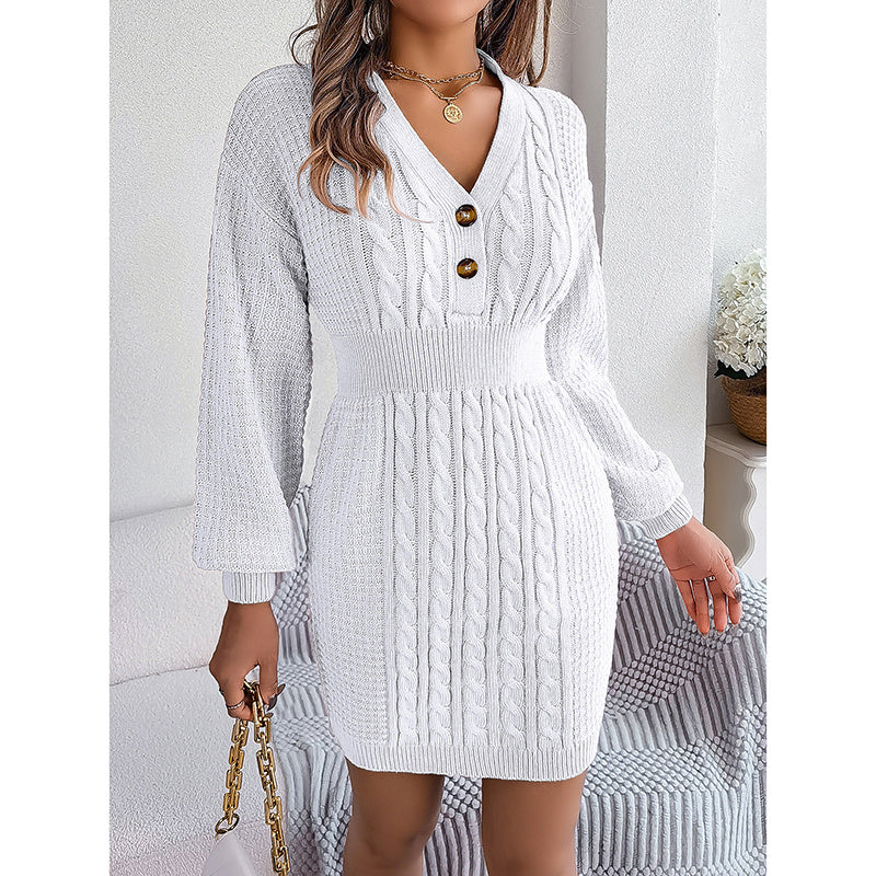 Women's Cable Knit Sweater Dress - V-Neck Button Front Lantern Sleeve Bodycon Mini Dress With Elastic Waist For Fall CJ US