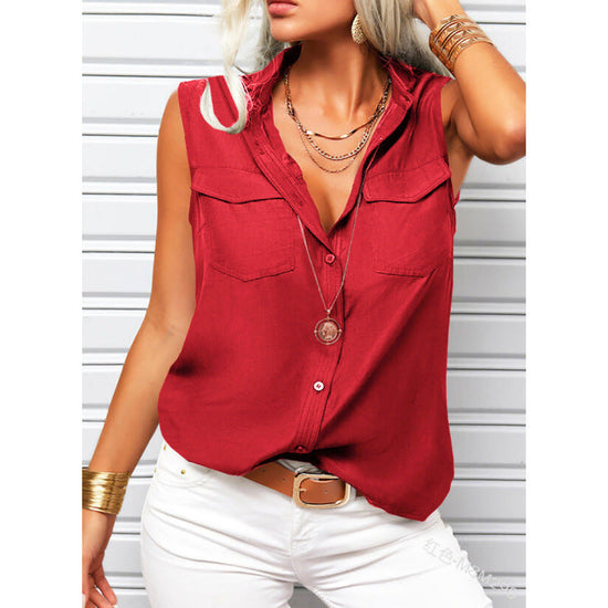 Solid-color Lapel-collar Loose-fit Sleeveless Top With Pockets 