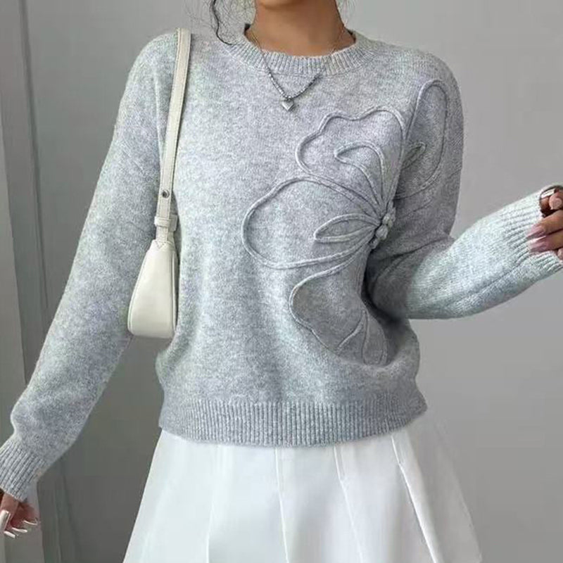 Women's Elegant Floral Sweater - 2025 Fall Winter Crew Neck Long Sleeve Casual Pullover 