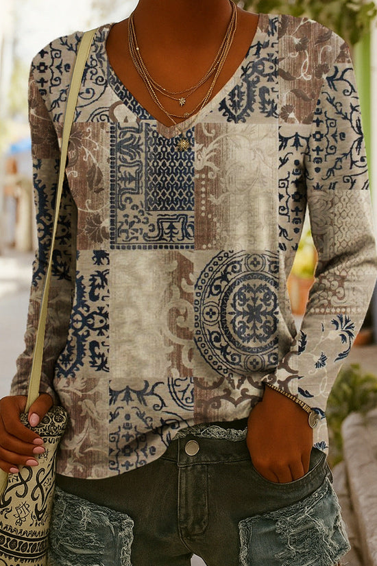 Fashionable Ethnic-Style Printed V-Neck Long-Sleeve T-Shirt 