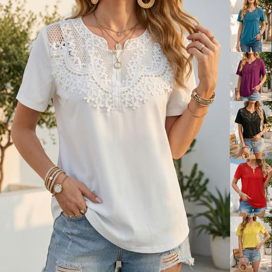 Hollow-out Pearl-trimmed Loose Short-sleeve T-shirt For Women 