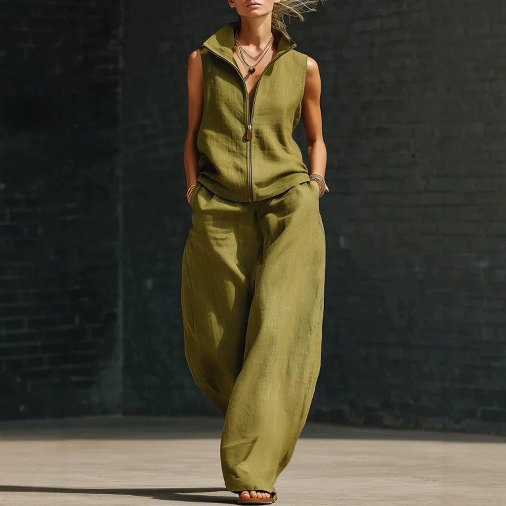 Sleeveless Stand Collar Zippered Linen Cotton Two-Piece Set 