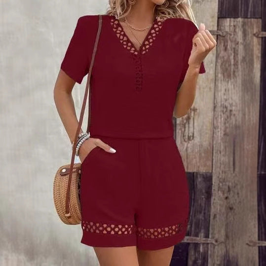 Boho Chic Lace Detail Outfit V-Neck Short Sleeve Summer Set 