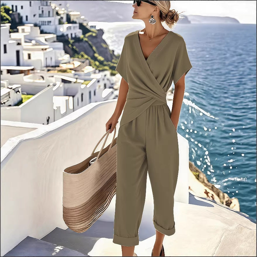 Women's Casual Fashion Solid Color Irregular Short-Sleeve Set 