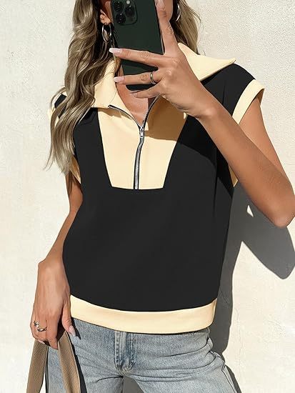 Fisoew Womens Half Zip Sweatshirts Short Sleeve Color Block Lapel V Neck Loose Summer Pullover Tops CJ US