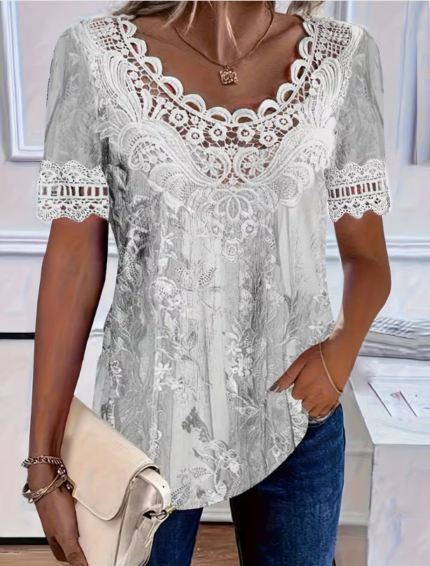 Women's Lace-Patchwork Crew-Neck Short-Sleeve T-Shirt 