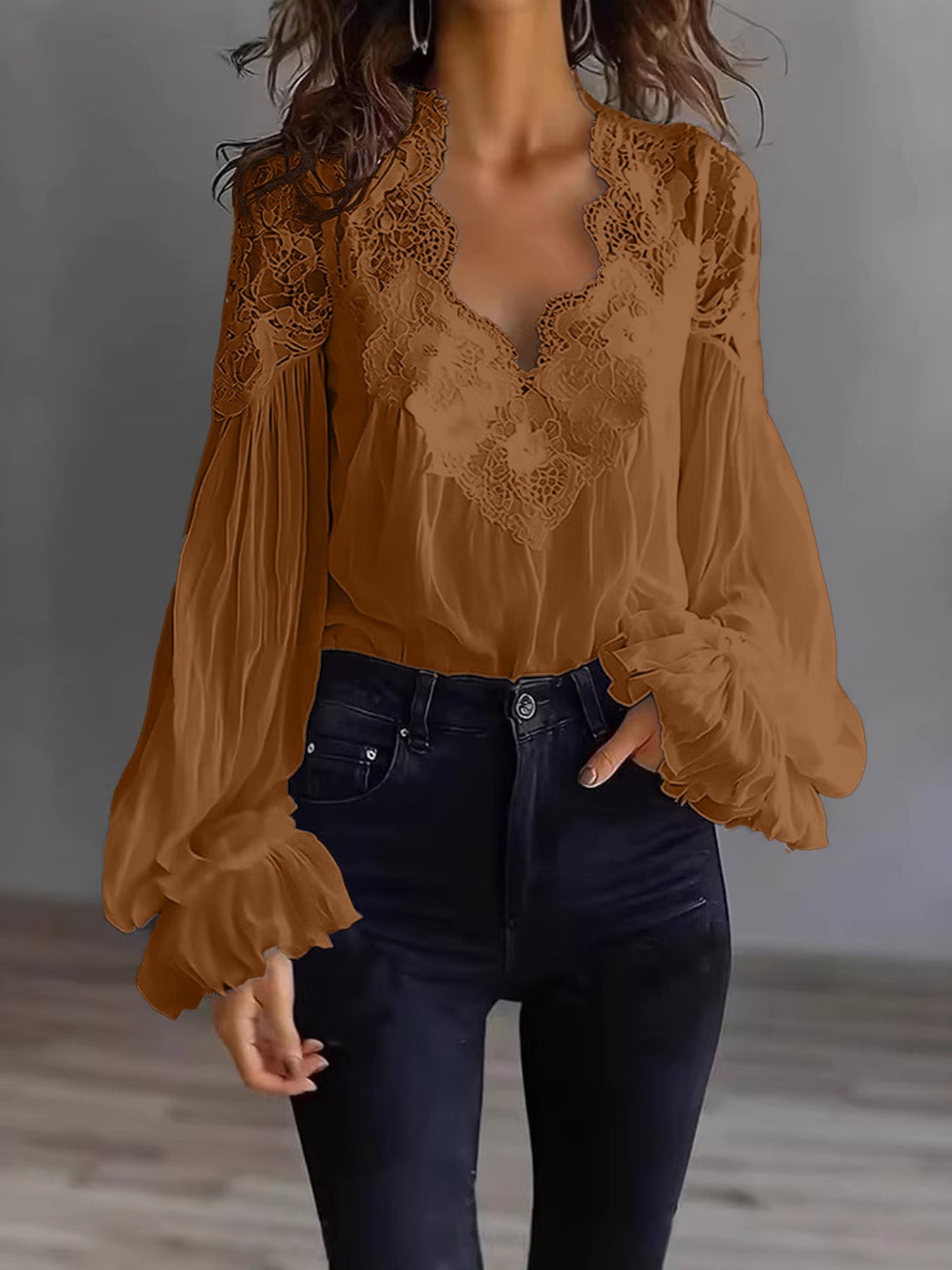 Lace-panelled Ruffled Puff-sleeve Pleated Shirt 
