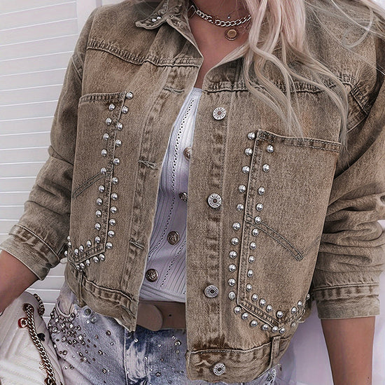 Women's Long Sleeve Rivet Studded Denim Jacket Casual Cropped Short Jean Coat CJ US